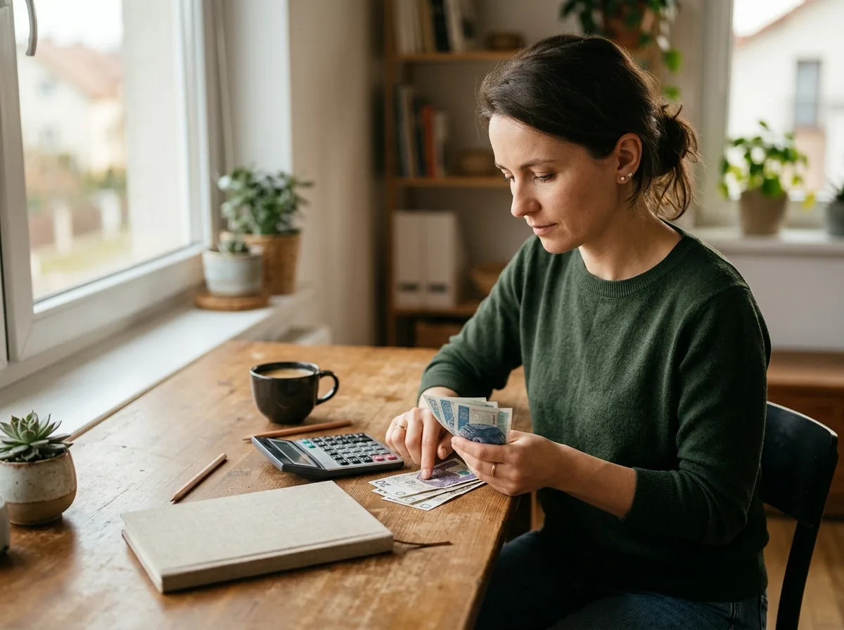 Freelancerka przelicza gotówkę przy biurku, planując finanse nowej firmy bez debetu